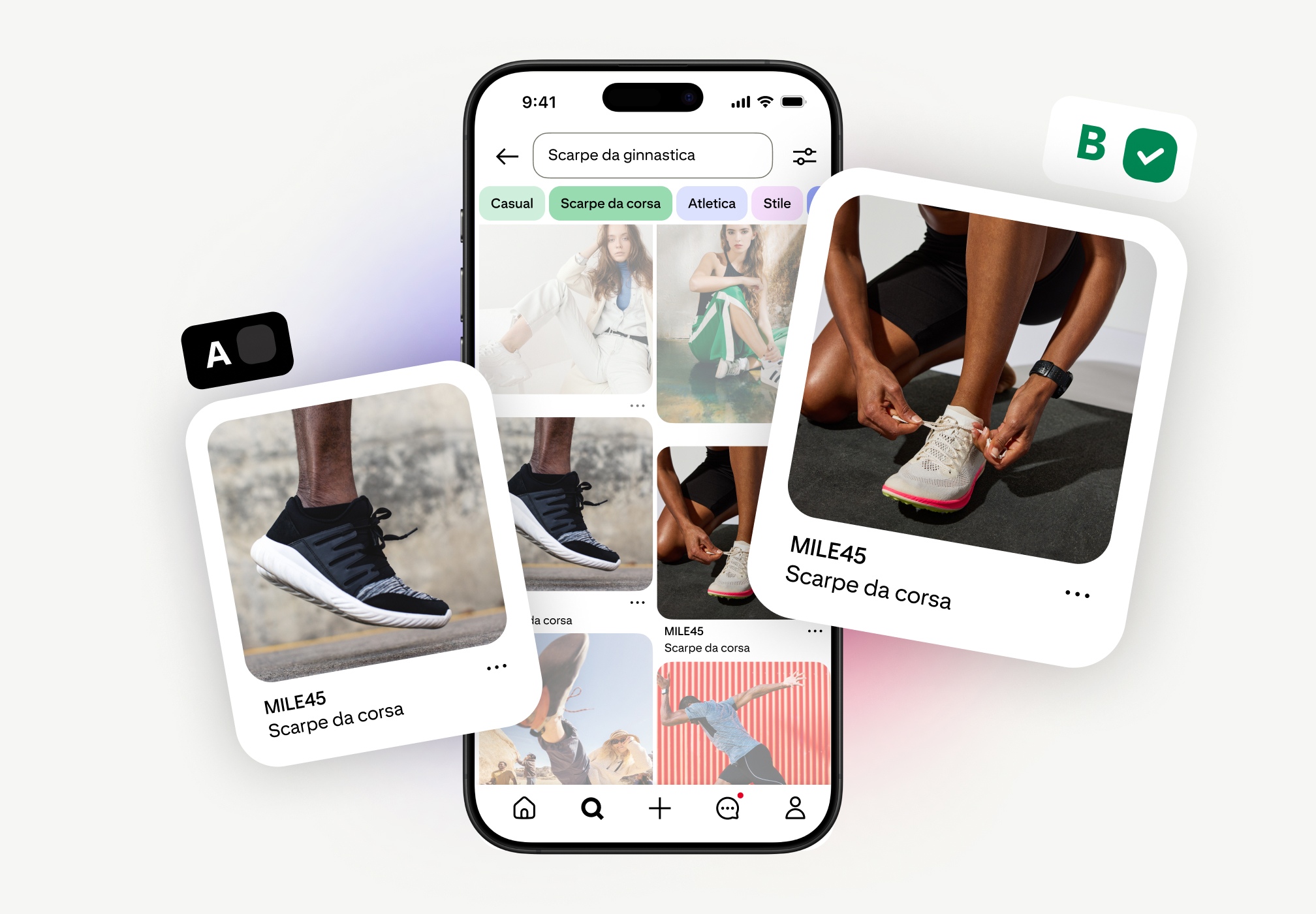 Test A/B dei Pin sulle scarpe da corsa MILE45 su Pinterest. Il Pin A mostra sneakers nere; il Pin B, il migliore, mostra una persona che si allaccia delle sneaker bianche. Su uno smartphone compaiono i risultati di ricerca su Pinterest per "Sneakers".