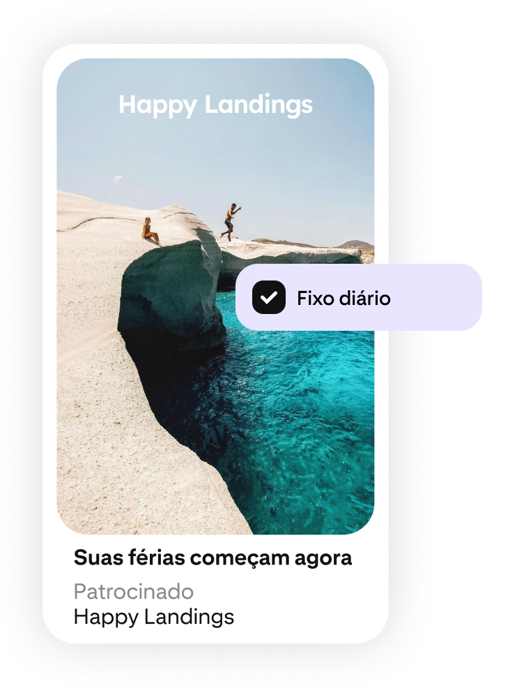 Um anúncio de viagem mostra uma praia com água azul cristalina sob um céu ensolarado