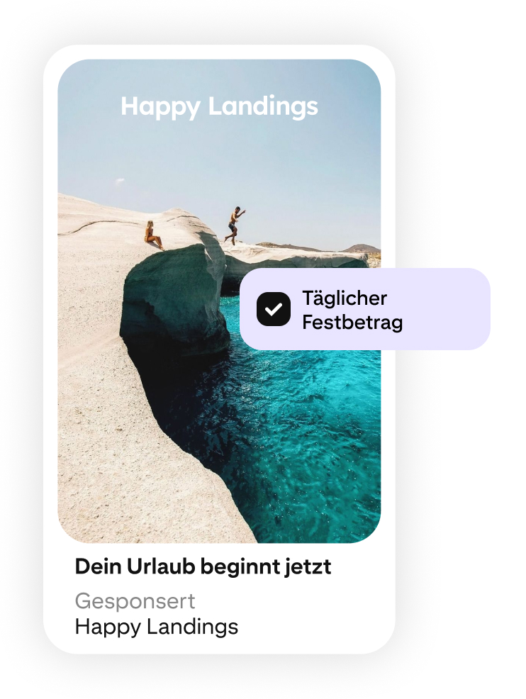 Eine Reiseanzeige zeigt eine felsige Küste mit kristallklarem, blauem Wasser unter einem sonnigen Himmel.
