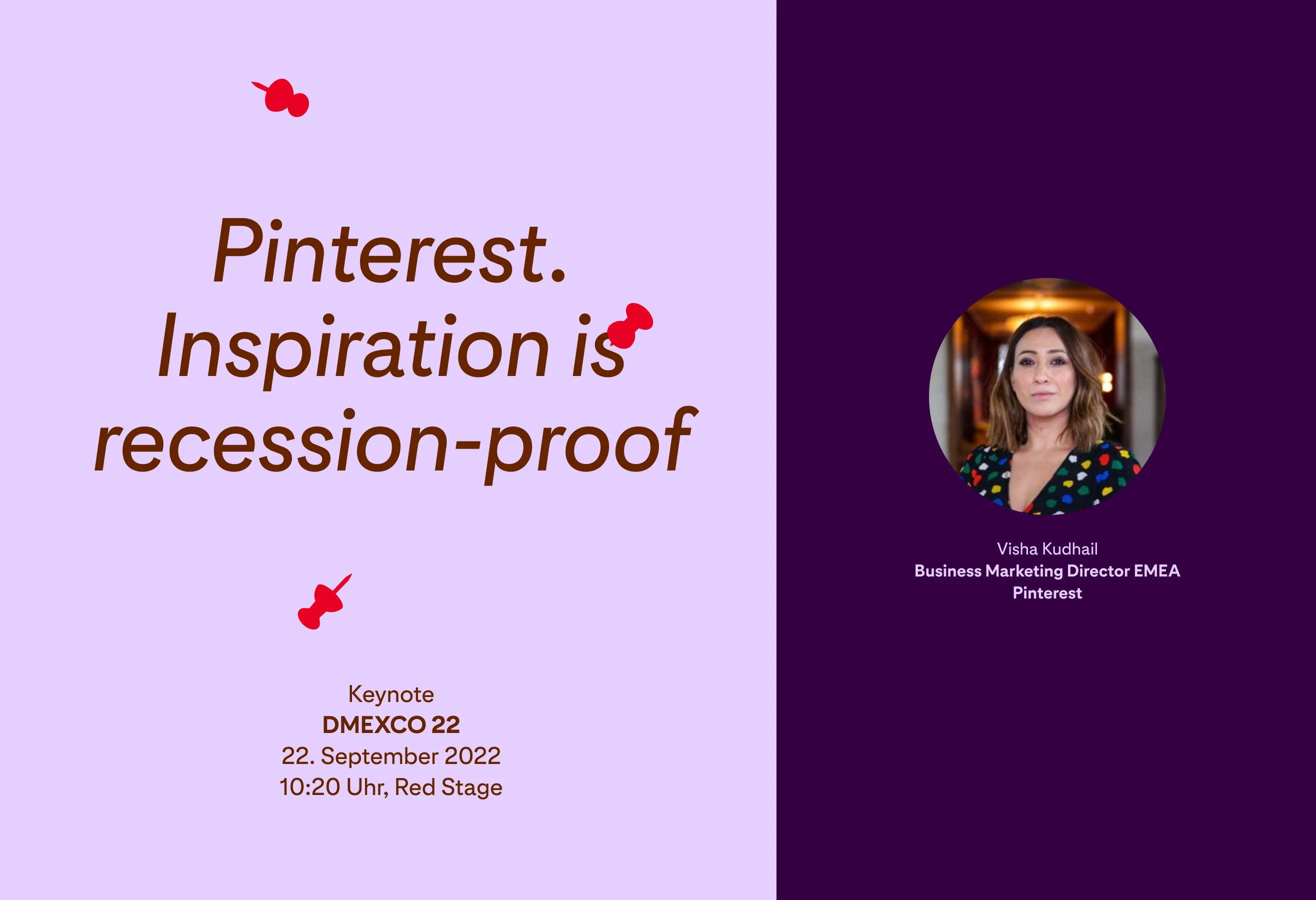 Image advertising the Pinterest at DMEXCO 2022 presentation, titled "Inspiration is recession-proof with Visha Kudhail"