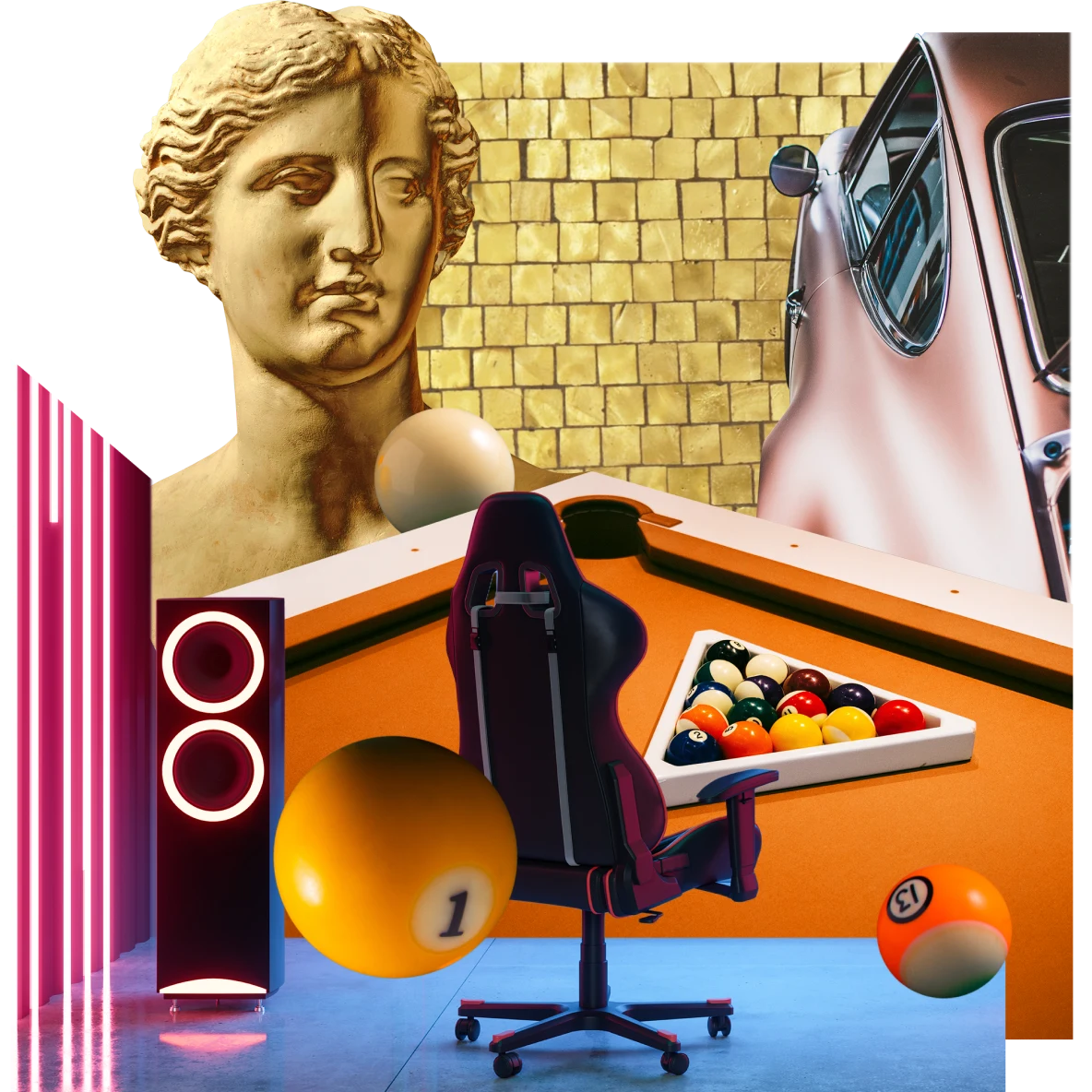 Collage of game room items. Roman bust in gold, deep red office chair, orange pool table with racked billiard balls, neon speakers and a vintage light purple car against a gold brick wall.