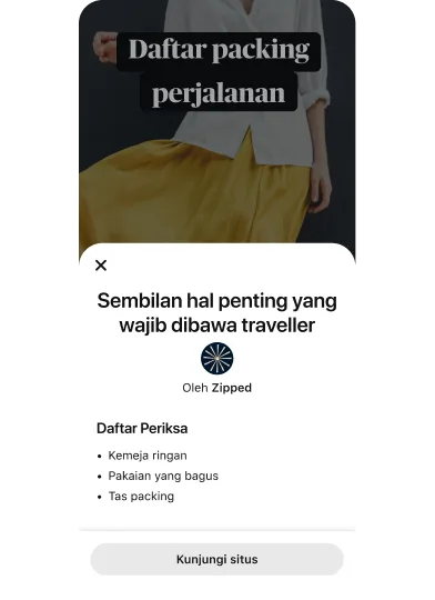 Modul pop-up iklan ide yang menampilkan “9 hal penting yang harus dibawa setiap wisatawan” di atas gambar mini video yang menampilkan seorang wanita dengan rok kuning dan kemeja putih berkancing.