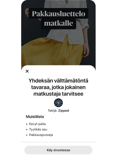 Ideamainos-popup-moduuli "9 asiaa, jotka jokaisen matkaajan on pakattava mukaan", joka on keltaiseen hameeseen ja valkoiseen paitapuseroon pukeutunutta naista esittävän videopikkukuvan päällä.