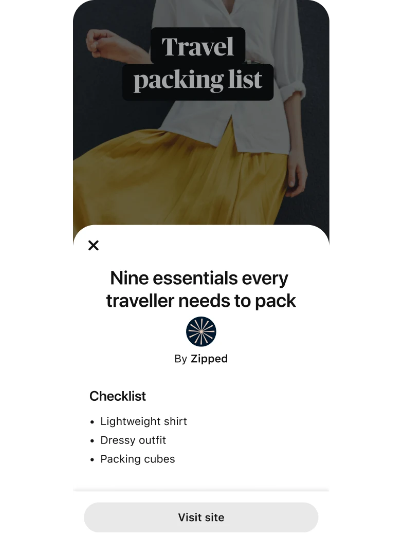 Idea ad pop-up module featuring the text ‘Nine essentials every traveller needs to pack’, on top of a video thumbnail featuring a woman in a yellow skirt and white button-up shirt.