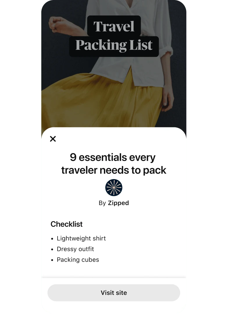 Popup-modul med idéannonse med «9 viktige ting alle reisende må pakke» oppå et miniatyrbilde av en video med en kvinne i et gult skjørt og hvit skjorte med knapper.