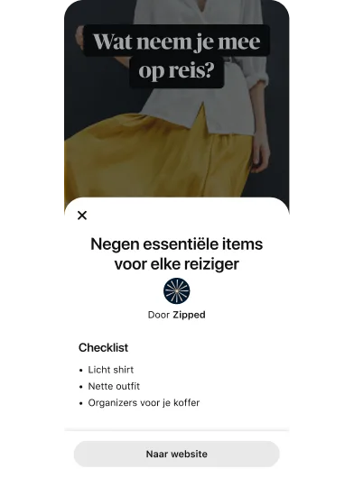 Pop-upmodule voor idee-advertenties met de '9 essentials die elke reiziger moet meenemen' boven op een videominiatuur met een vrouw in een gele rok en een witte blouse.