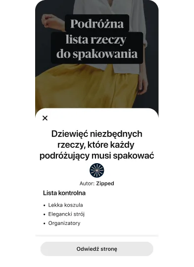 Wyskakująca reklama z pomysłem zawierająca tytuł „9 niezbędnych rzeczy, które musisz zabrać w podróż” u góry miniatury filmu z kobietą w żółtej spódnicy i białej koszuli.