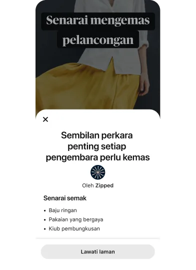 Modul tetingkap timbul iklan Idea yang menampilkan "9 keperluan yang perlu dibawa oleh setiap pengembara" di bahagian atas lakaran kecil video yang menampilkan seorang wanita memakai skirt kuning dan baju berbutang warna putih.