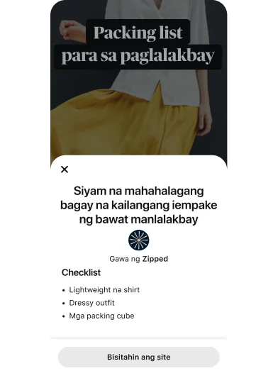 Module ng pop-up na idea ad na nagtatampok ng “9 na kinakailangang iempake ng bawat manlalakbay” sa itaas ng thumbnail ng video na nagtatampok ng babaeng nakasuot ng dilaw na palda at puting de-butones na shirt.