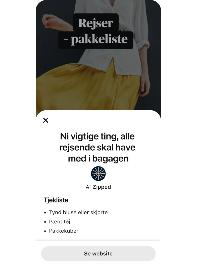 Pop op-modul for idéannonce med "9 vigtige ting, alle rejsende skal pakke" oven på en videominiature med en kvinde i en gul nederdel og en hvid bluse med knapper.