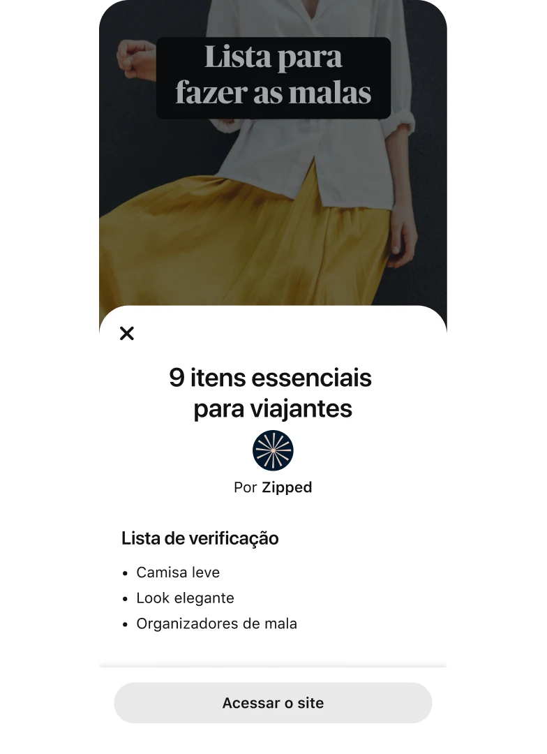 Módulo pop-up de Idea Ad com os "9 itens essenciais para viajantes" sobre uma miniatura de vídeo mostrando uma mulher de saia amarela e camisa branca de botões.