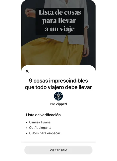 Módulo emergente de un Idea Ad que presenta los "9 cosas imprescindibles que todo viajero debe llevar" en la parte superior de una miniatura de video en la que se muestra una mujer con una falda amarilla y una camisa blanca con botones.