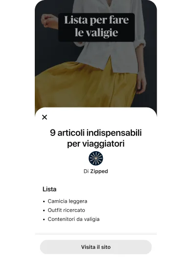 Modulo pop-up di Idea Ad con l'elenco di "9 articoli indispensabili per viaggiatori" sopra il thumbnail di un video raffigurante una donna con una gonna gialla e una camicia bianca.