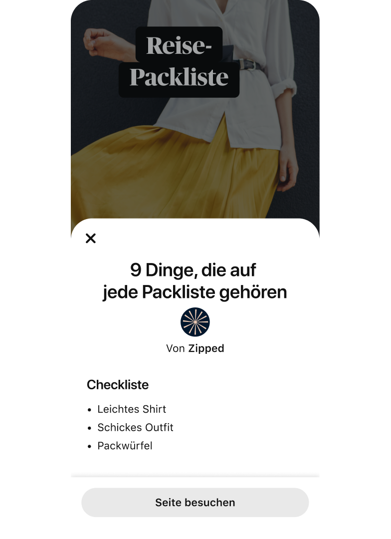 Idea Ad-Pop-Up mit den „9 Dingen, die auf jede Packliste gehören“ über einem Video-Thumbnail mit einer Frau in einem gelben Rock und einer weißen Bluse.