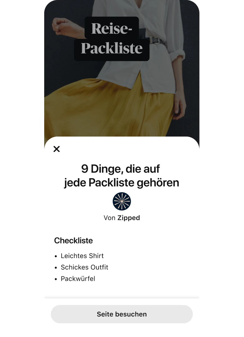 Idea Ad-Pop-Up mit den „9 Dingen, die auf jede Packliste gehören“ über einem Video-Thumbnail mit einer Frau in einem gelben Rock und einer weißen Bluse.