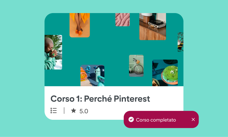 Informazioni su un corso su Pinterest, incluse le immagini Pin, una valutazione a 5 stelle e una casella viola che contrassegna il corso come "completato"