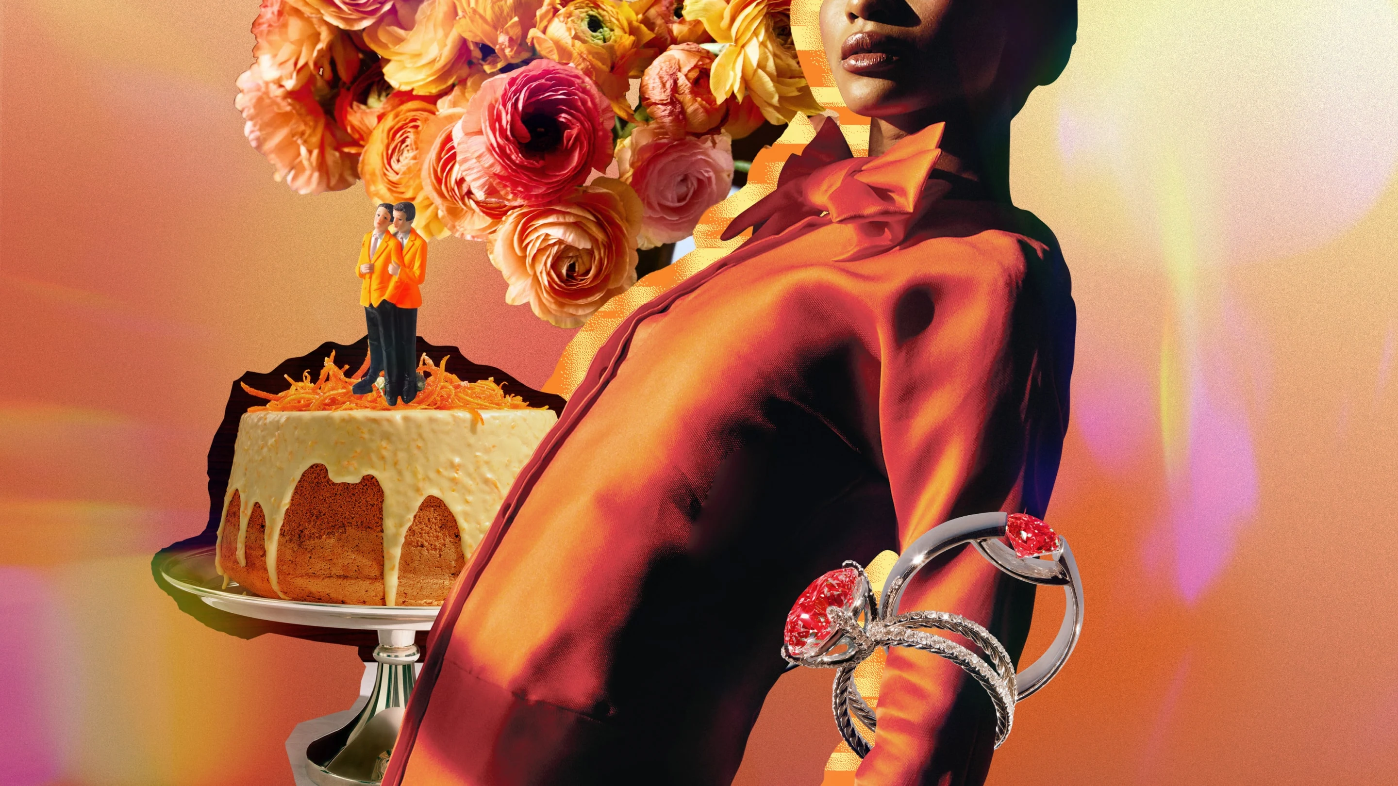 Mulher negra de camisa laranja e gravata borboleta colada com objetos relacionados a casamento (como bolo de casamento, flores e anéis).