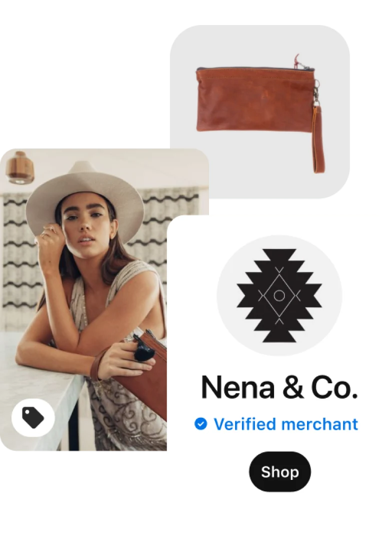 Collage: Pin of Latin woman in a beige hat and top holds a Nena & Co. clutch, one arm leaning on a white table, line-pattern wall hanging in the background. Pin of a Nena & Co. clutch. Shop information that reads Nena & Co., verified merchant, shop.