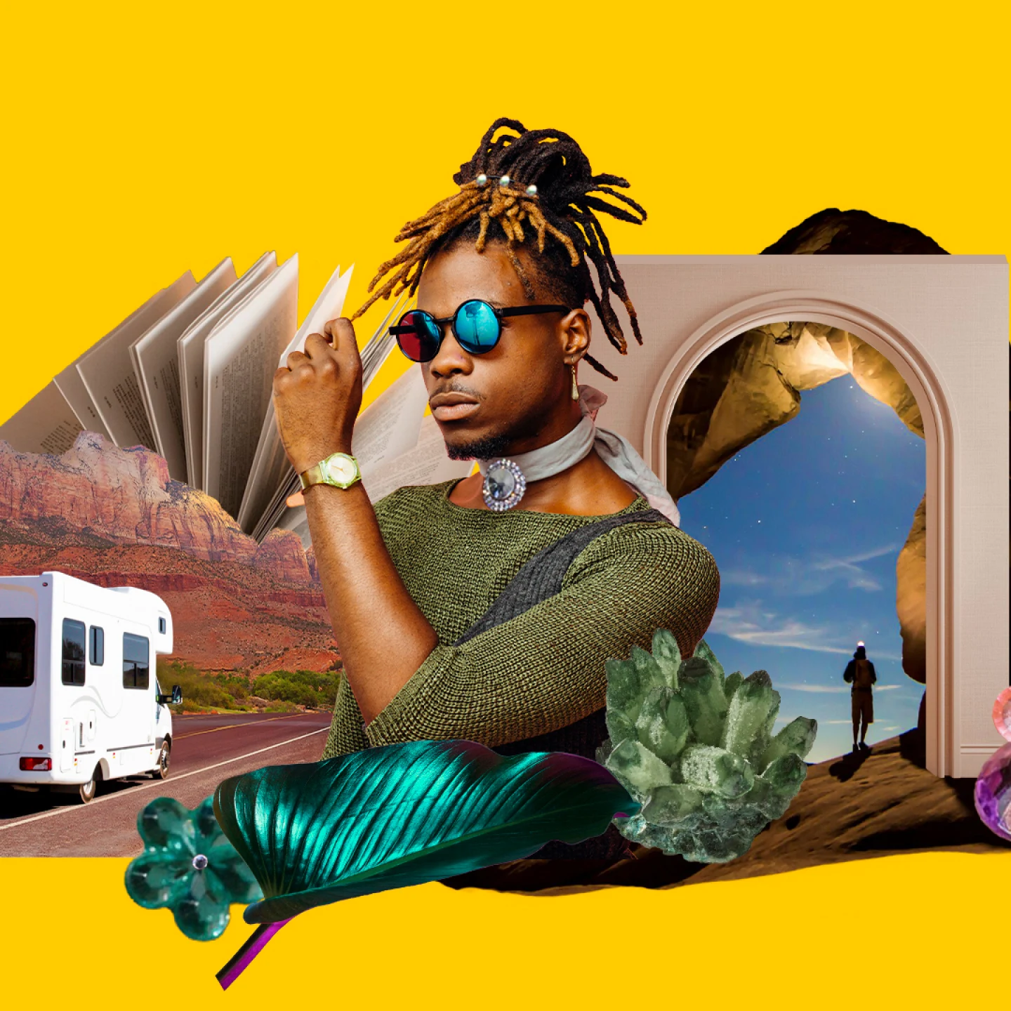 On a yellow background, Black man at center with brown and blonde locs, green knit shirt and dark reflective sunglasses. Archway at right with sky at dusk. Someone stands in a cave looking at a sunset. Open pages of a book at left, above a white camper.