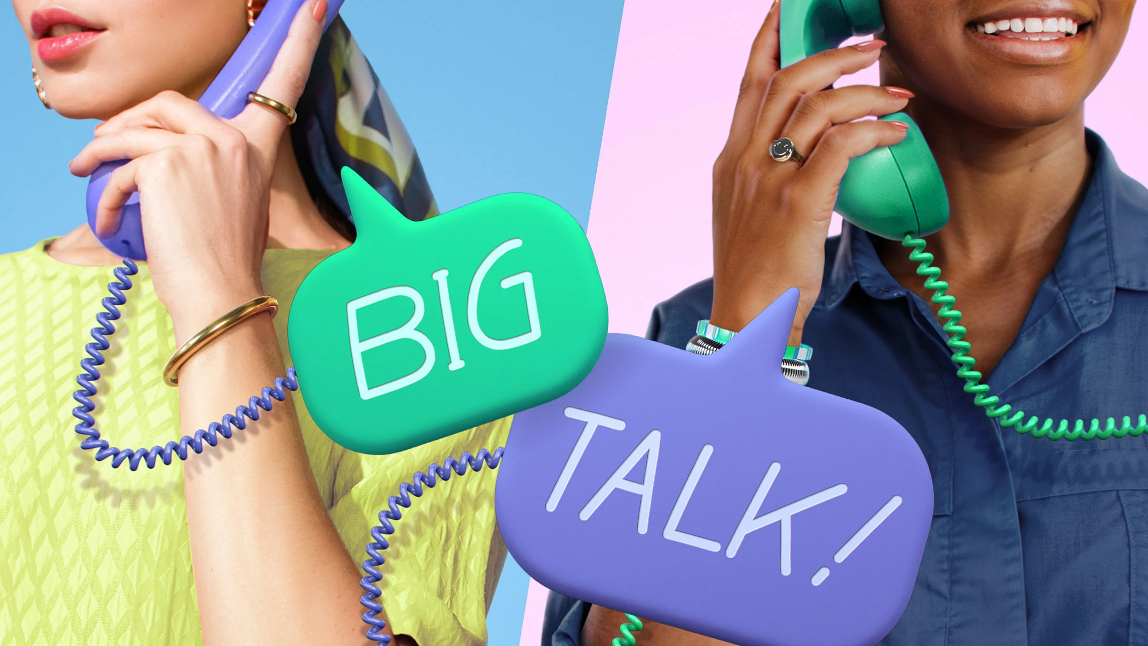 Close-up shot of White woman at left holding a purple phone with a chord in front of a blue background. Close-up shot of a Black woman at right holding a green phone in front of a pink background. “Big talk” is written in speech bubbles.