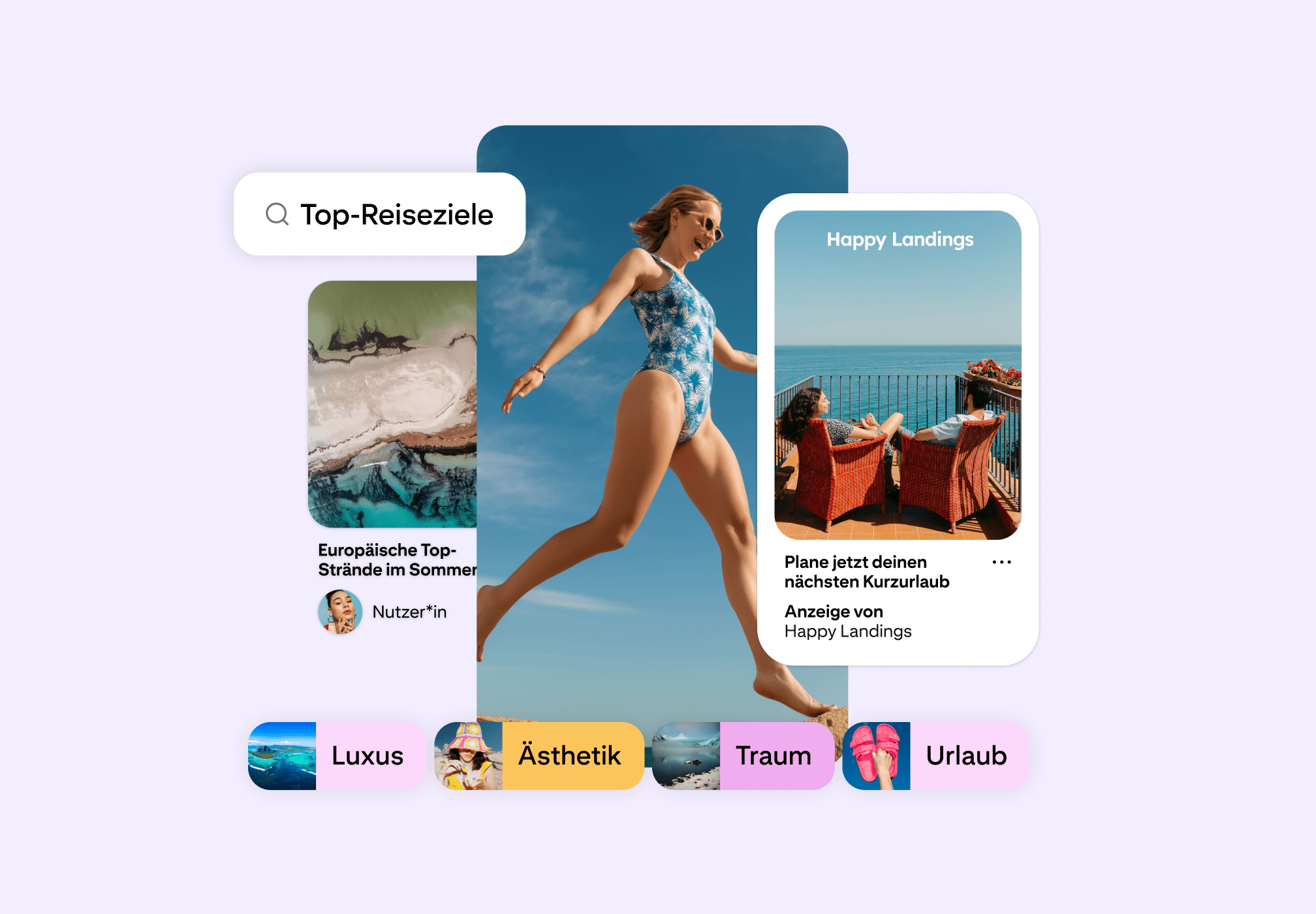 Beispiel einer Pinterest-Oberfläche mit Reise-Inspirationen: Suche nach „Top-Reiseziele“, beworbener Pin und Filter für Luxus, Ästhetik, Traum und Urlaub.