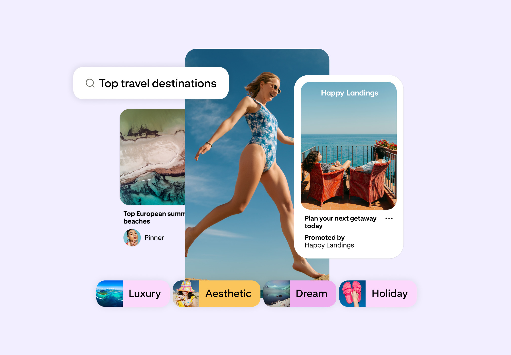 Mock Pinterest interface showing travel inspiration: a search for “top travel destinations”, a promoted Pin and filters for luxury, aesthetic, dream and holiday.
