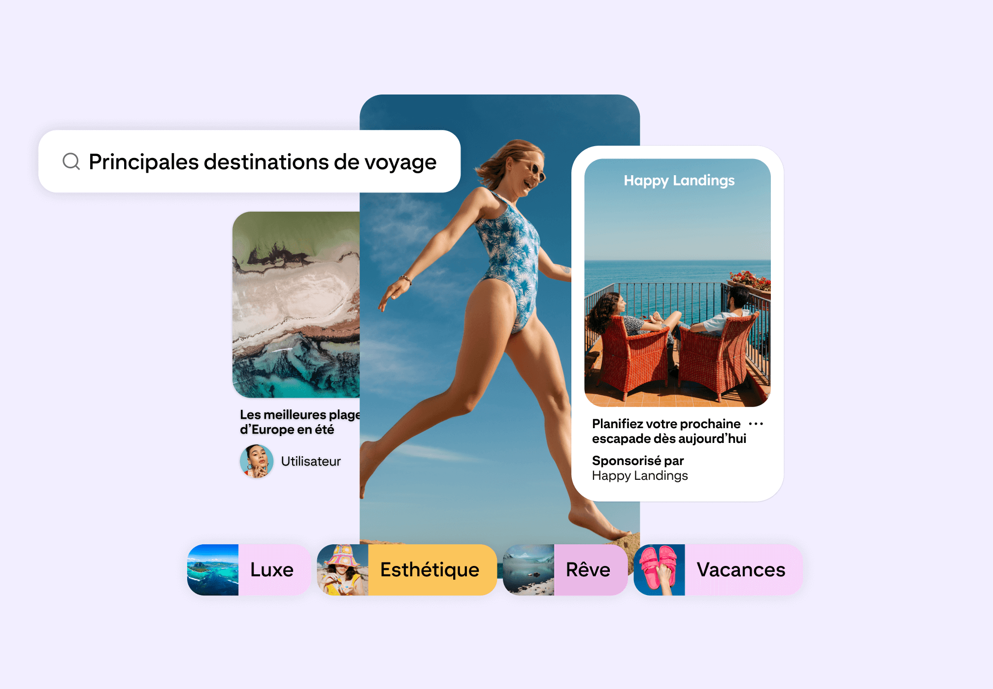 Interface Pinterest fictive présentant des idées de voyage : recherche des « principales destinations de voyage », Épingle sponsorisée et filtres pour le luxe, l’esthétique, le rêve et les vacances.