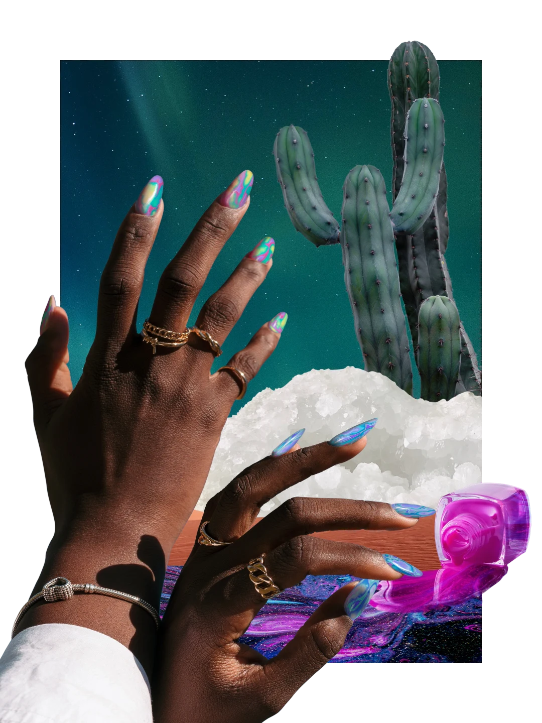 Collage of nail-themed items. Blue, pink and purple spill from a bottle of nail polish on the right. Black woman’s hands with multicolored fingernails on the left. Large cactus on the upper right, salt crystals underneath.
