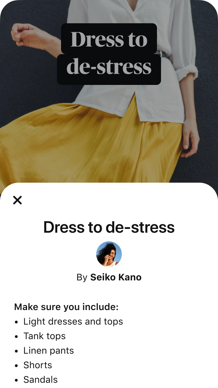 A Story Pin details page with a packing list, Dress to de-stress 