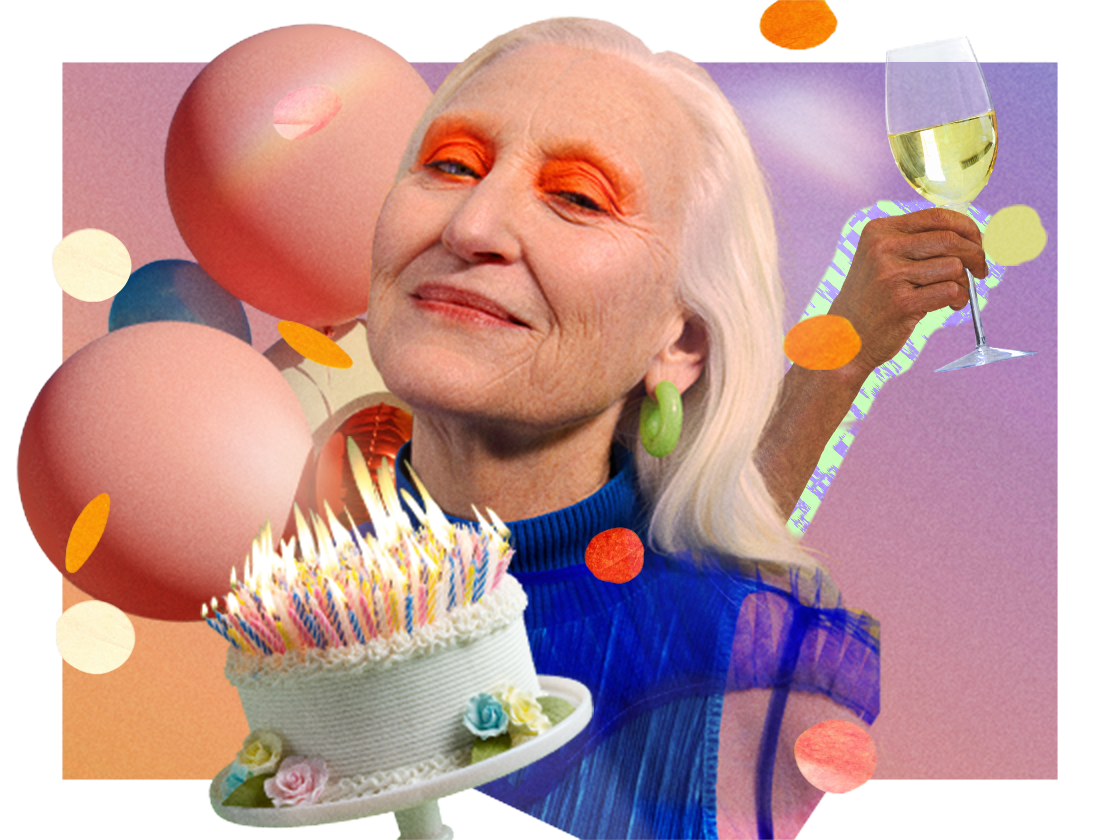 Collage featuring an older White woman with bright eye makeup, surrounded by balloons, a hand holding a wine glass and a birthday cake overflowing with candles.