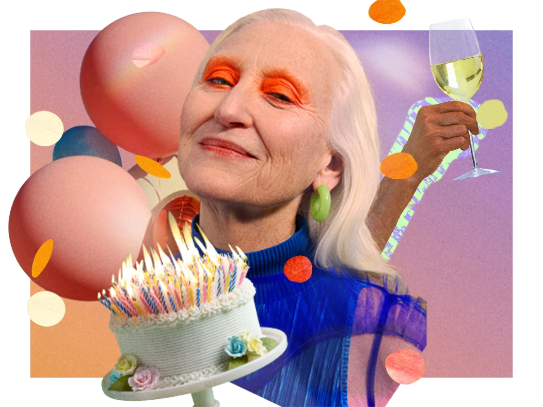 Colagem com uma mulher branca mais velha com maquiagem brilhante nos olhos, cercada por balões, uma mão segurando uma taça de vinho e um bolo de aniversário cheio de velas.