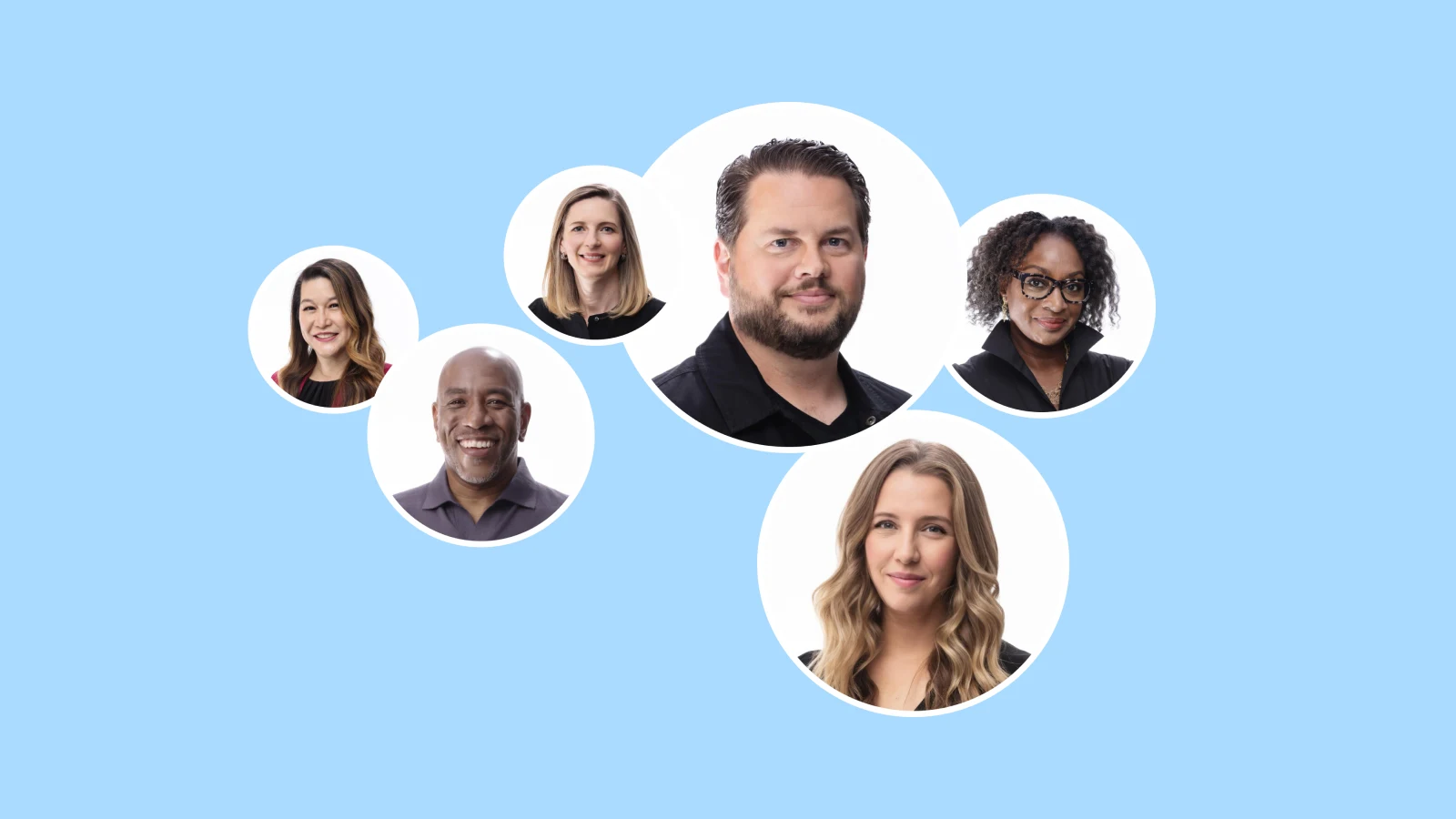 An image displaying the Pinterest leadership team, represented by headshots, gathered in a circular formation