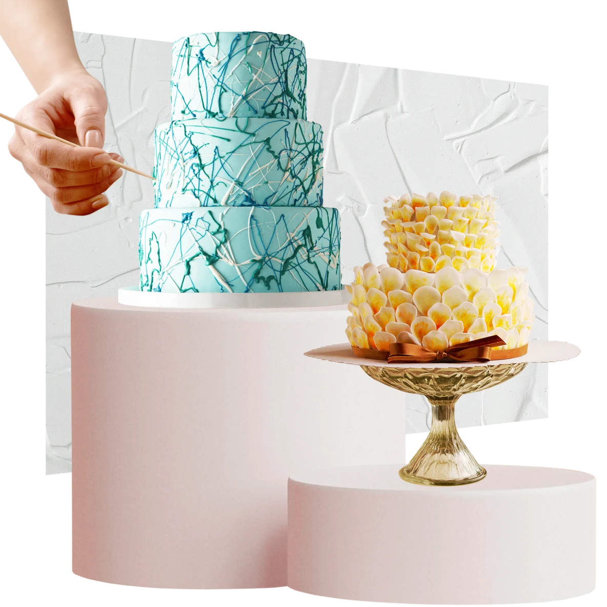 Light green, three-tier cake on left, smaller yellow and white two-tier cake on right. Hand applies details to the cake on the left. White frosting background.
