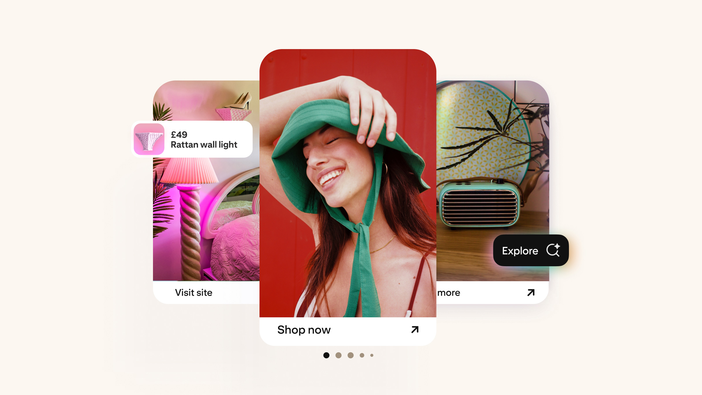 Vibrant mock Pinterest ads featuring a joyful woman in a green hat, a stylish pink rattan wall light with price tag, and a retro teal radio, highlighting how easy and inspiring it is to set up shop and succeed on Pinterest.