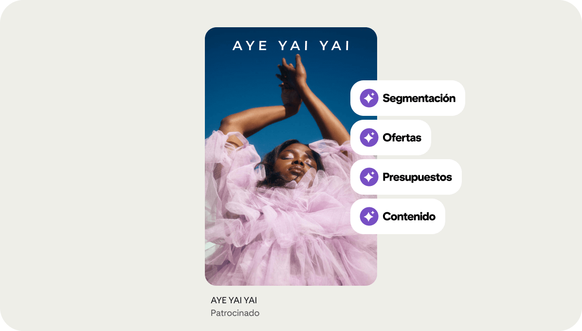 Un Pin de producto de una marca llamada AYE YAI YAI usa funciones de Pinterest Performance+, como segmentación, ofertas, presupuesto y contenido.