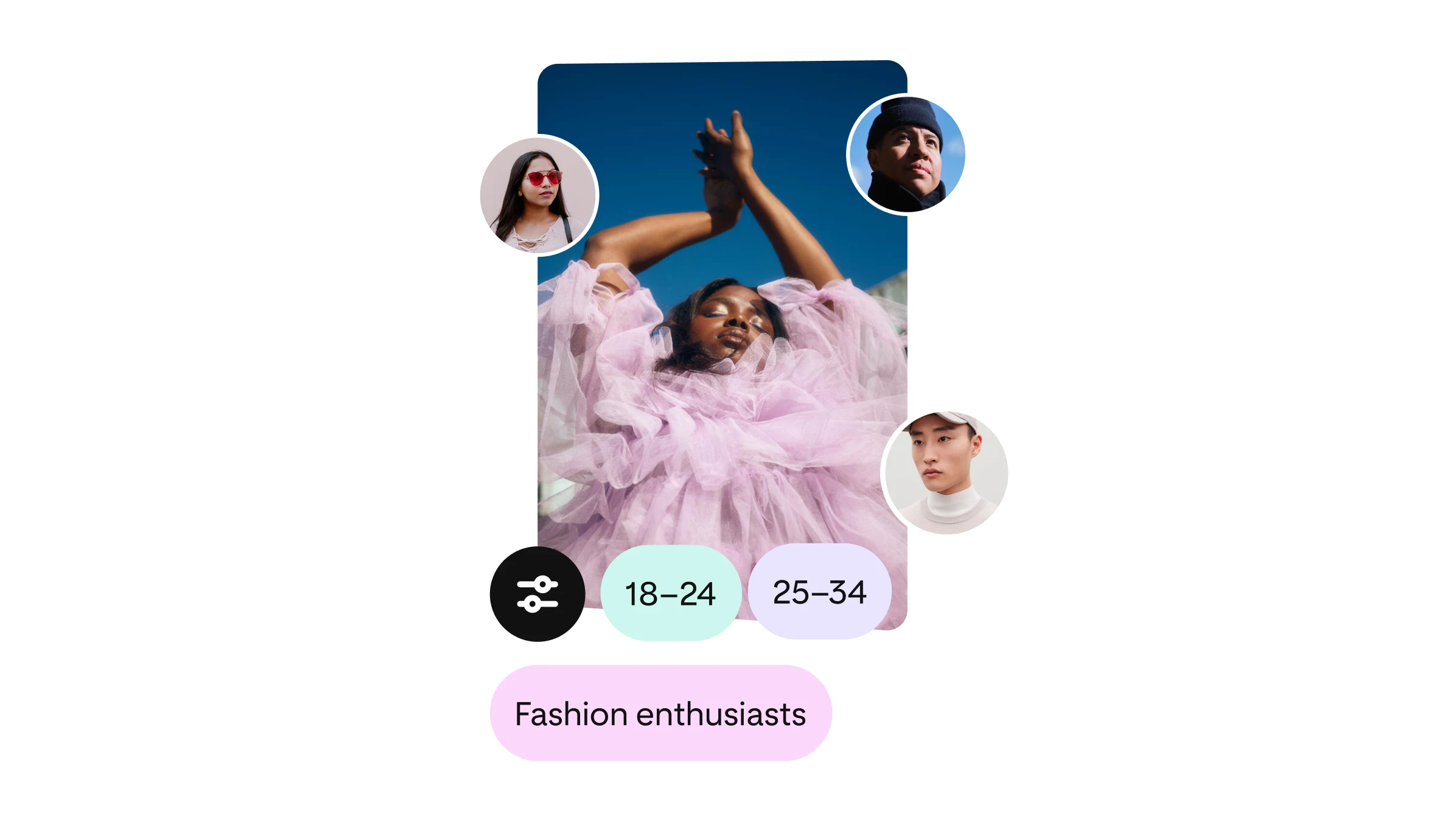 A woman in pink tulle is surrounded by faces of other potential customers, with elements showing a target audience age.
