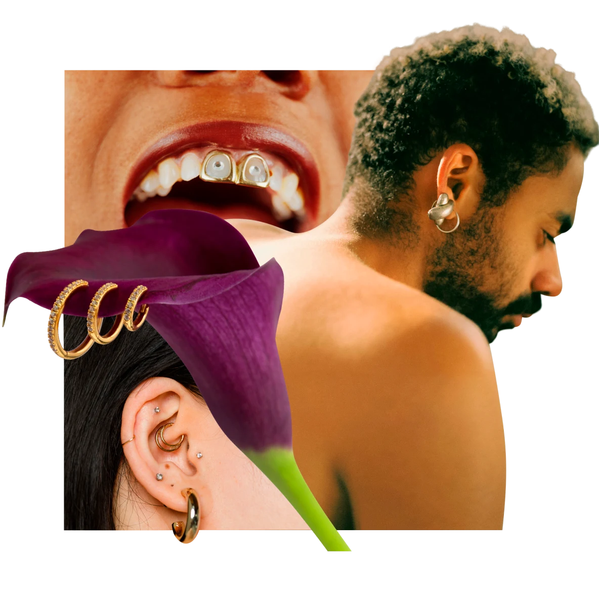 A shirtless Black man, with a large silver earring is in the centre. A purple calla lily, with three gold earrings attached to the petal is beside a woman’s ear with silver studs and gold hoops. An open mouth with two front gold teeth is at the back.