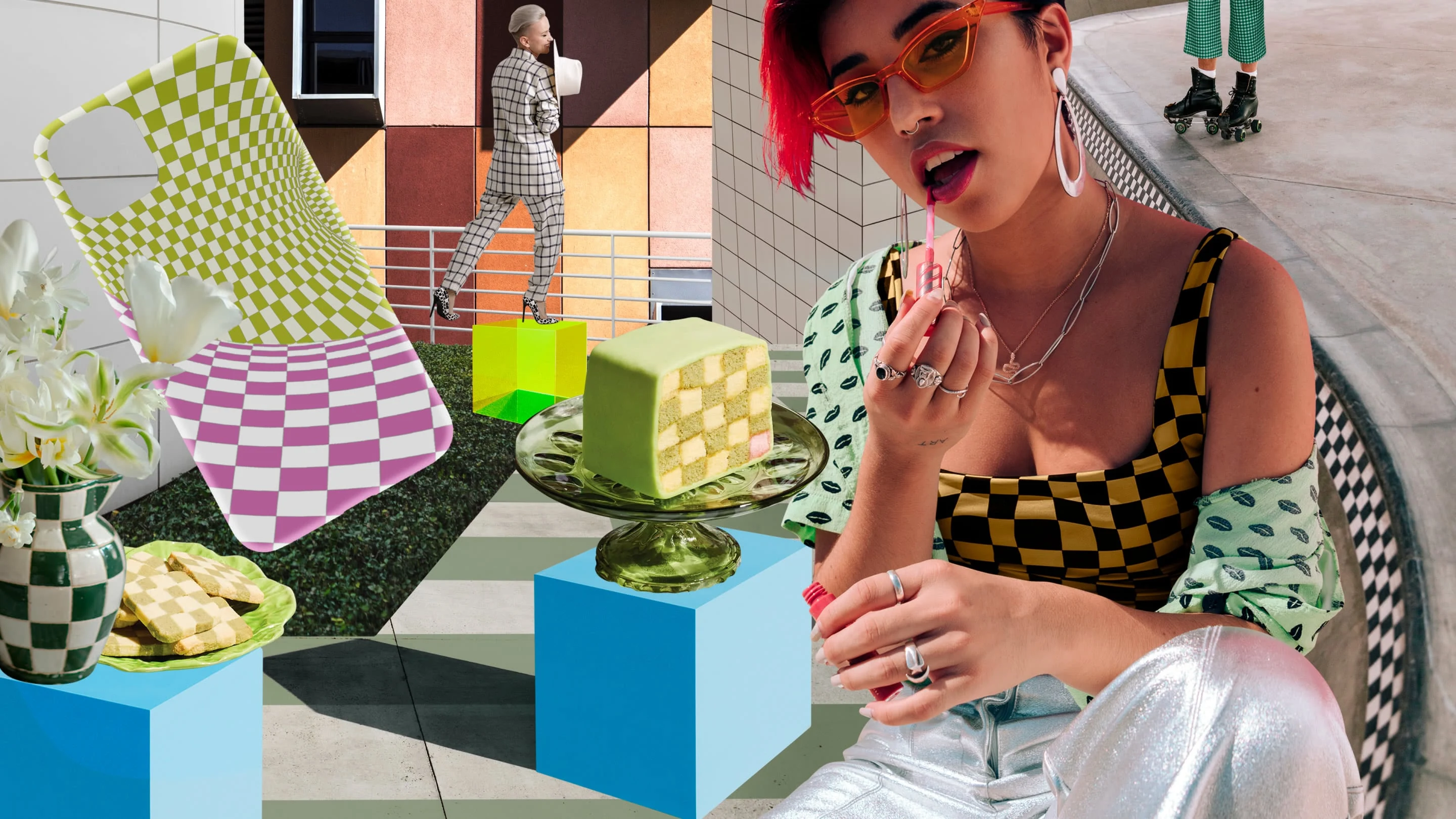 Collage of chequered items. A large mobile phone case, a piece of green and white cake on a platter, a plate of biscuits, a vase and walls. An East Asian woman, with short red hair, wearing a chequered tank top, applies red lip liner.