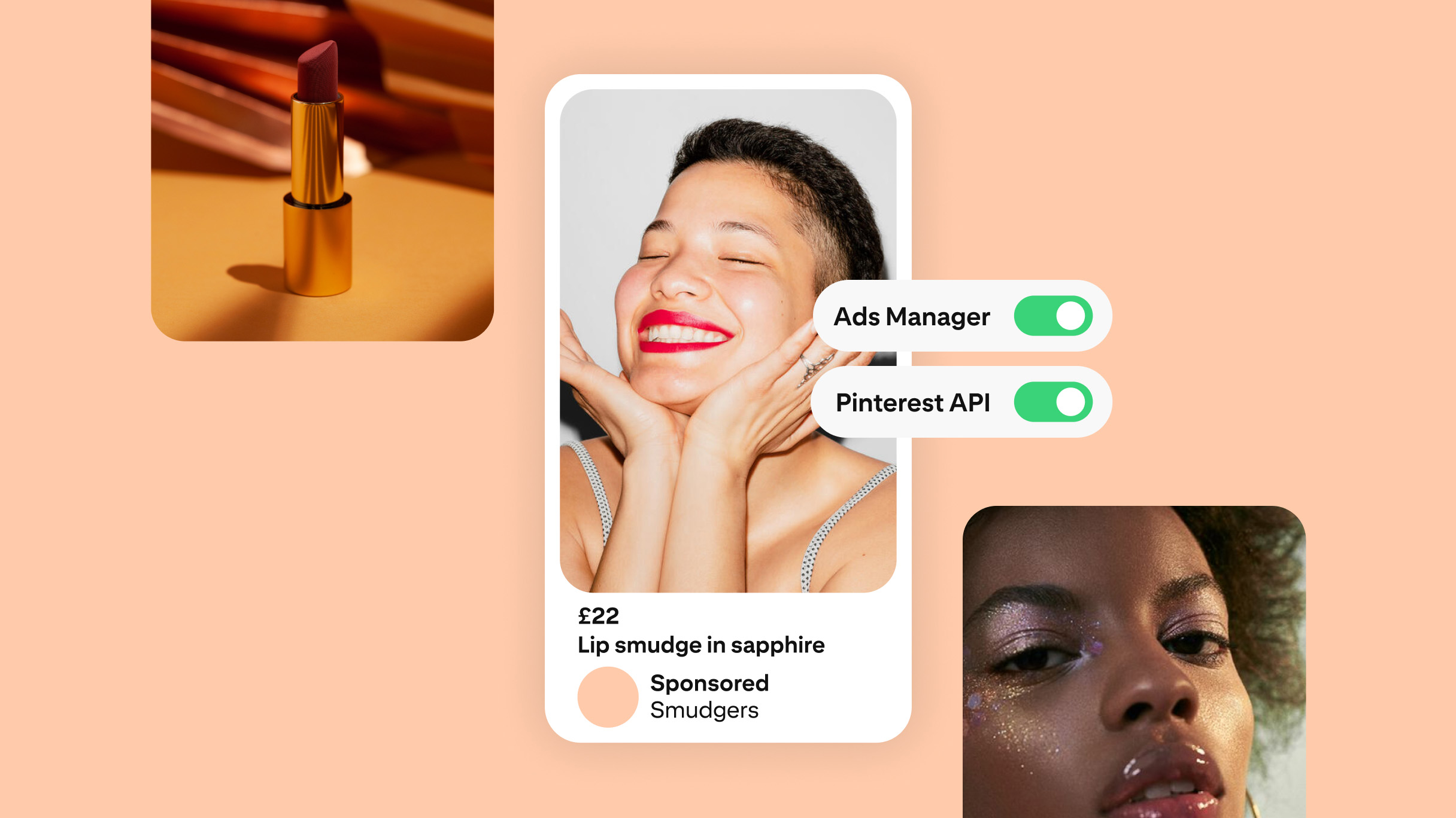 Simulazione di annunci di Pinterest per prodotti di bellezza, con eyeliner da matrimonio, rossetto rosso e trucco occhi scintillante. Gestione annunci e le API di Pinterest sono attivate.