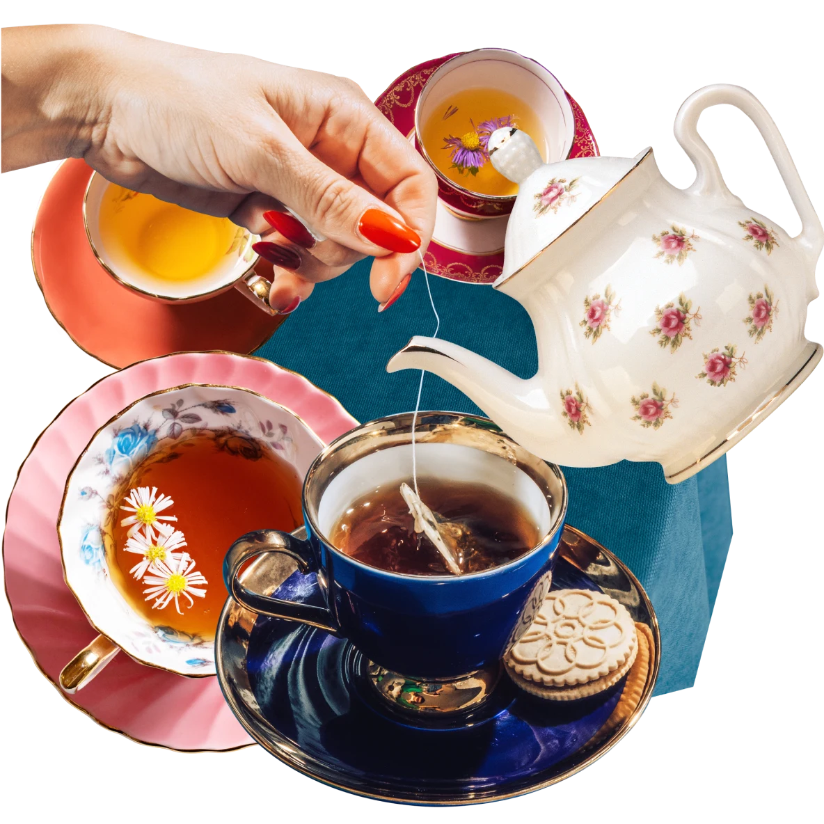 Collage of teacups filled with tea in dark and amber shades. White teapot with pink roses tilts downward. A white hand dips a tea bag into a dark blue cup filled with tea.