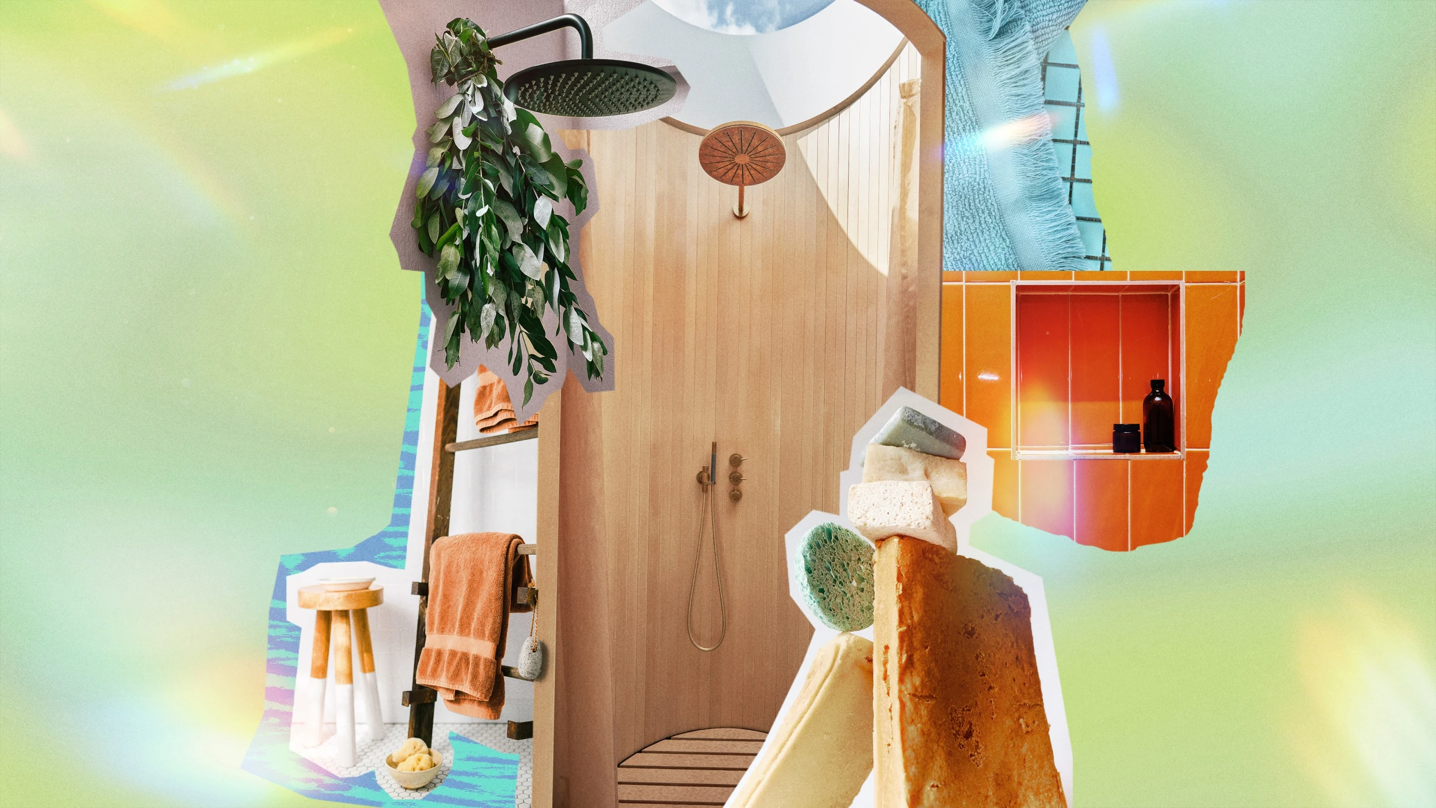 Colagem sobre banho, com folhas de eucalipto penduradas, várias esponjas, toalhas penduradas em uma escada e produtos para banho.