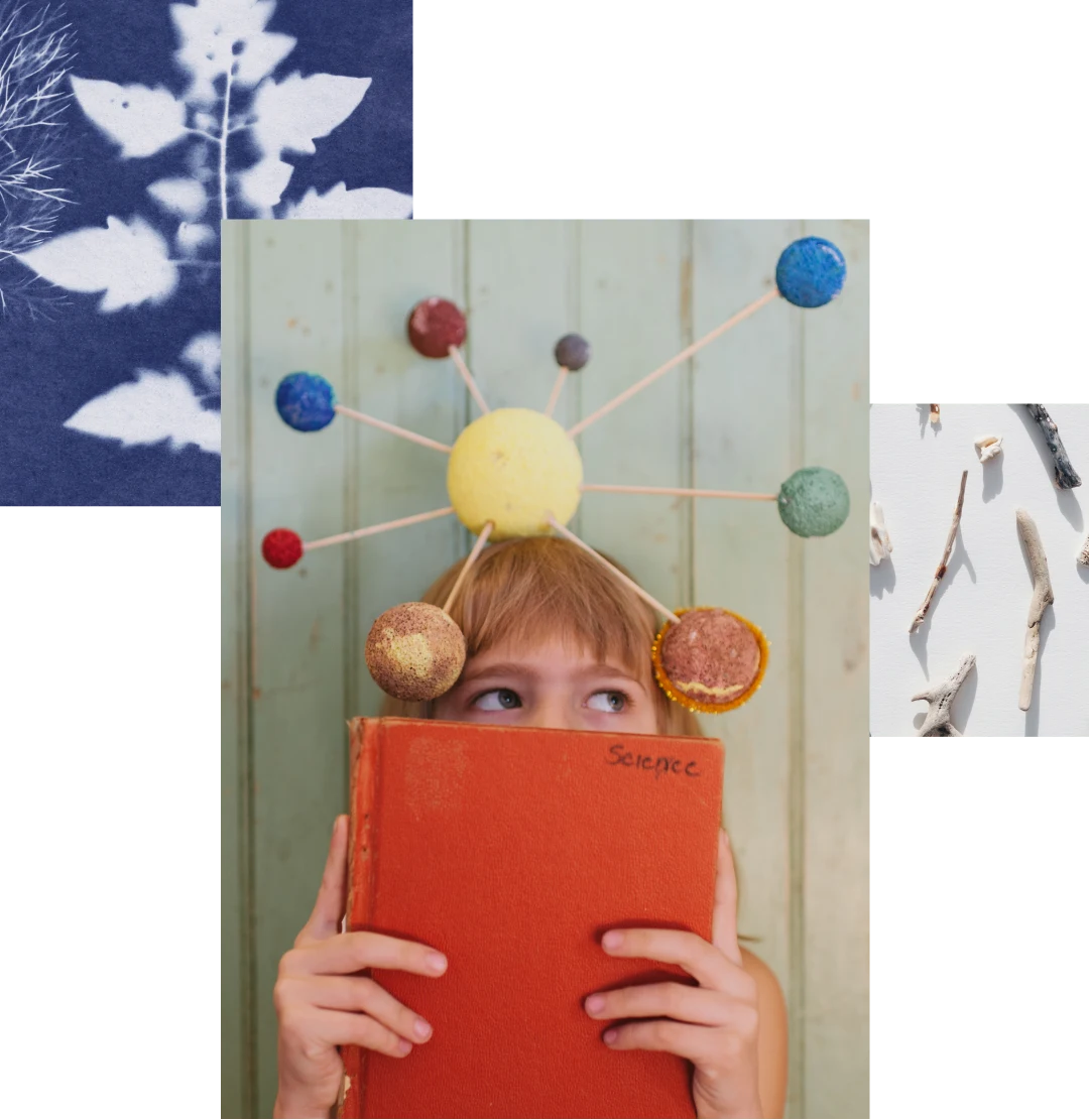 Image cluster featuring an abstract blue and white painting of a tree, a young girl holding an orange book with a planet mobile above her head and sticks lying on a white background 