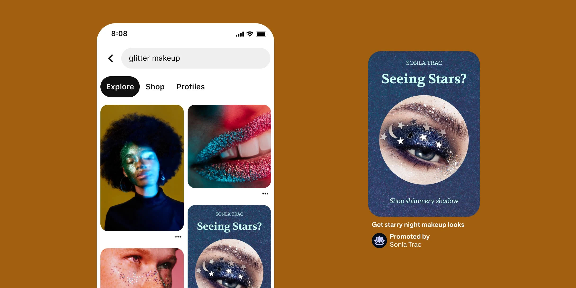 Pinterest search term for ‘glitter make-up’. A Black woman with an afro and green glitter covering half her face. A close-up of the right side of a mouth with lips painted in glitter. The top half of a person’s face with glitter on their cheeks. A Pin showcasing the close-up of an eye with blue eyeshadow and star-shaped glitter over it. The text reads, ‘Seeing stars? Shop shimmery shadow’. The description underneath reads, ‘Get starry night make-up looks’.