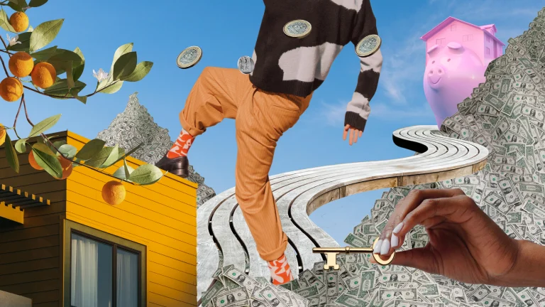 A whimsical collage of an orange tree, piles of American dollars, boardwalk heading to a piggy bank, floating Euro coins, man stepping over a house, and black hands holding a key.