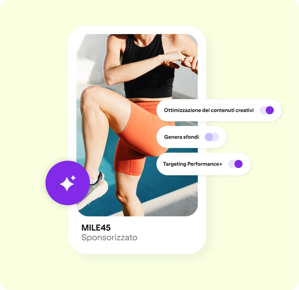 Esempio di annuncio di Pinterest che mostra il busto di una donna che fa stretching. Sono presenti un'icona viola con stelline e i pulsanti "Ottimizzazione dei contenuti creativi", "Genera sfondi" e "Targeting Performance+".  "Genera sfondi" non è attiva.
