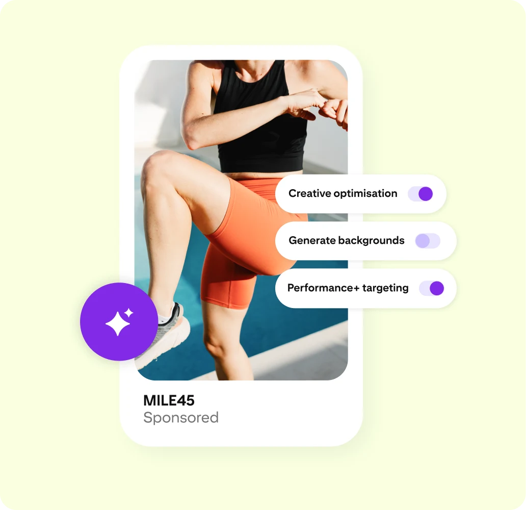 An example of a Pinterest ad shows the torso of a woman exercising. It’s accompanied by a purple star graphic and toggles that read, ‘Creative optimisation’, ‘Generate backgrounds’ and ‘Performance+ targeting’.  ‘Generate backgrounds’ is toggled off.