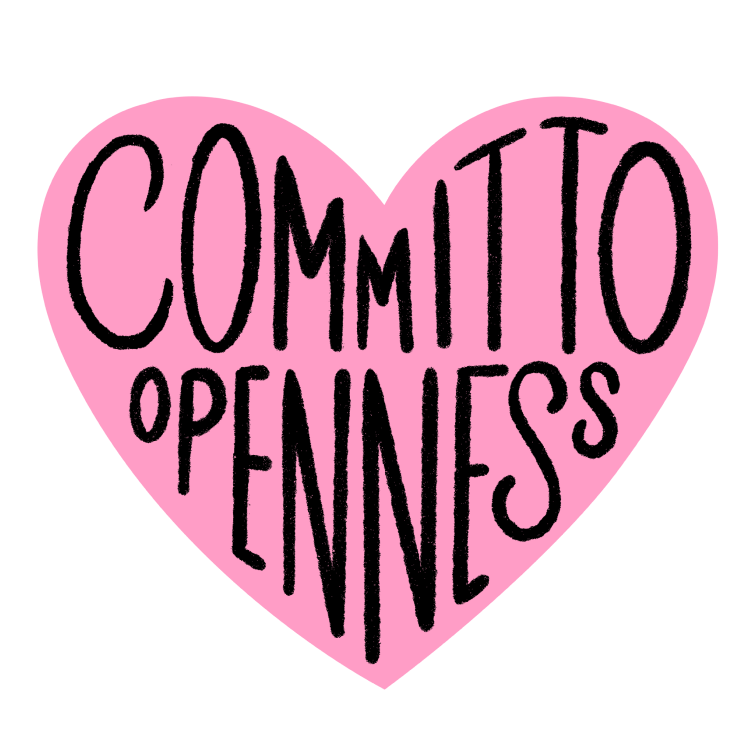 “Committed to openness” is written in big capital letters inside a pink heart.