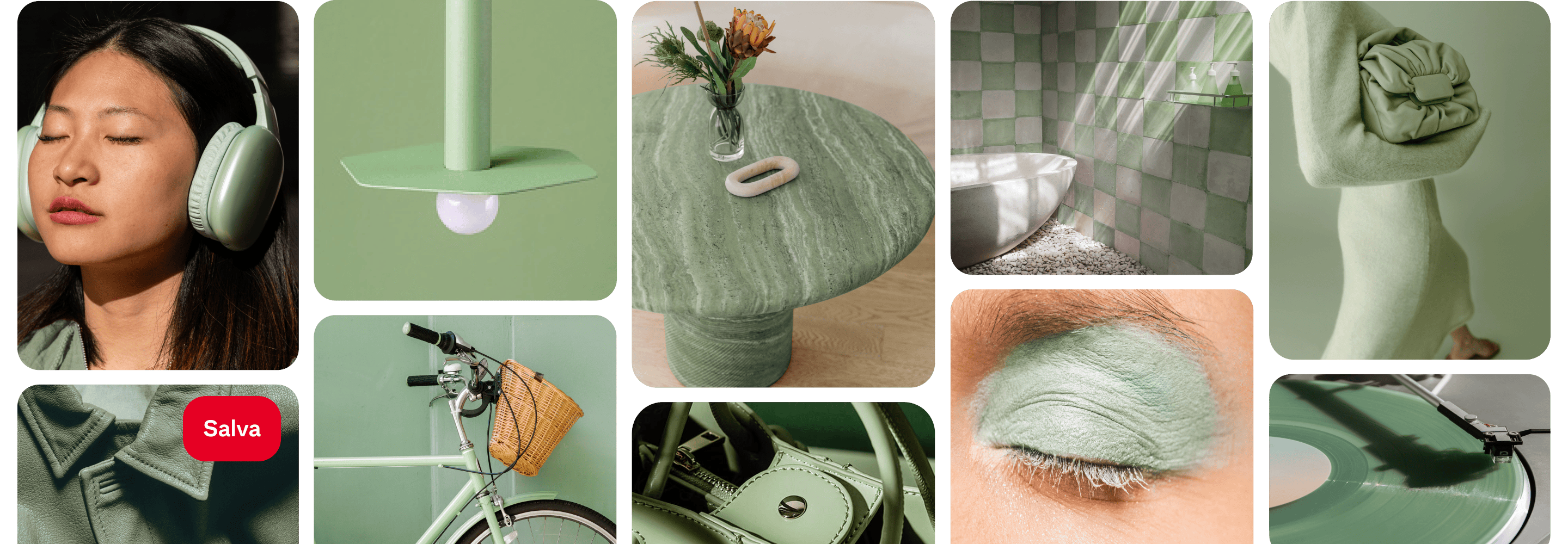 Una griglia di Pin che mostrano diversi articoli verde giada: cuffie, una giacca, una lampada, una bicicletta, un tavolo, una borsa, piastrelle del bagno, un ombretto, un disco e una persona con un vestito. 
