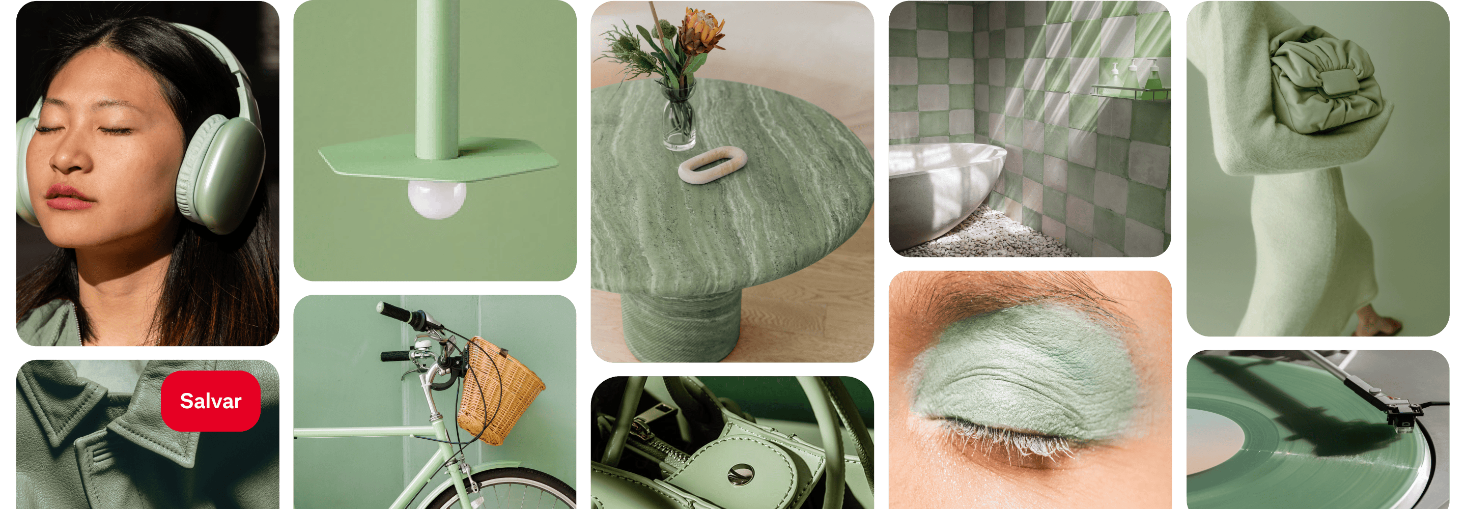 Grade de Pins exibe diversos itens no tom Verde Jade: fones de ouvido, jaqueta, luminária, bicicleta, mesa, bolsa, azulejos, sombra para olhos, disco de vinil e uma pessoa com um vestido. 