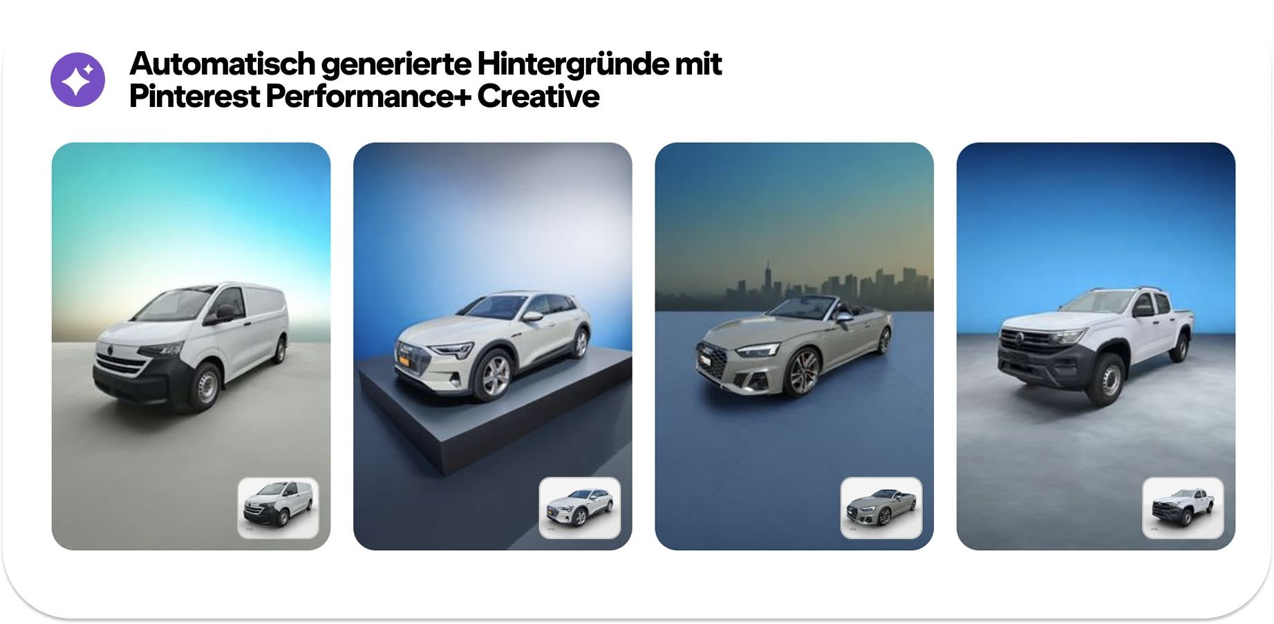 4 different Audi models: sedan, transporter, convertible, truck.